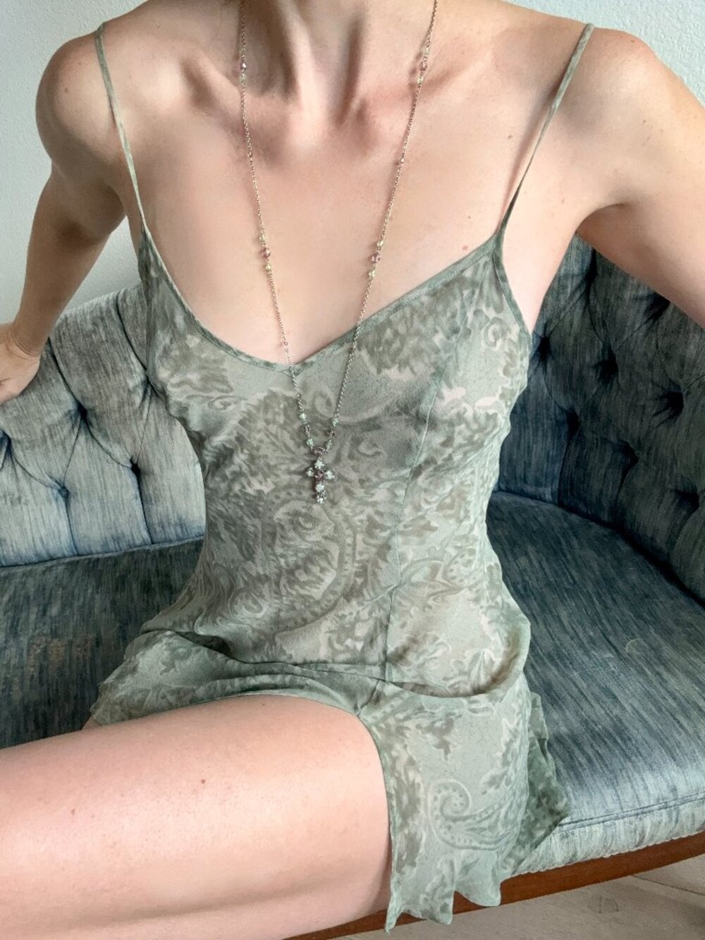 Victoria's Secret Vintage Silk Chiffon Mini Slip Dress XS Sage Green Paisley - Picture 8 of 8